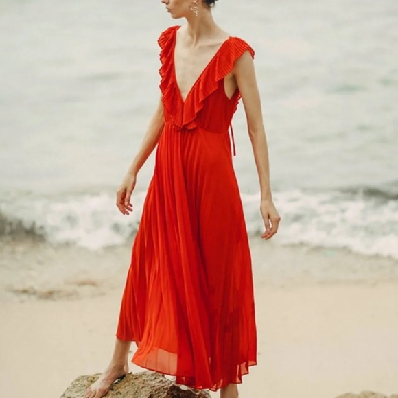 Zara Dresses & Skirts - Zara Maxi Dress Ruffle‎ Neckline Pleated Blogger Favorite Medium Large